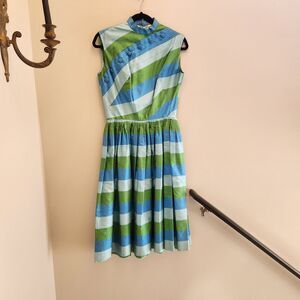 Vtg 1950s Handmade Green & Blue Striped Fit & Flare A-Line Dress Tradwife Maisel